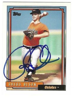 Autographed GREGG OLSON Baltimore Orioles 1992 Topps Card