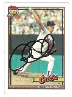 Autographed GREGG OLSON Baltimore Orioles 1991 Topps Card