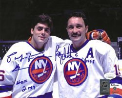 Autographed PAT LAFONTAINE "HOF 2003" and BRYAN TROTTIER "HOF 99" 8X10 New York Islanders Photo JSA