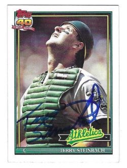 Autographed TERRY STEINBACH Oakland A's 1991 Topps Card