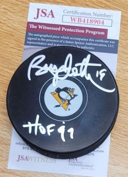 Autographed BRYAN TROTTIER "HOF 97" Pittsburgh Penguins Hockey Puck JSA Witness