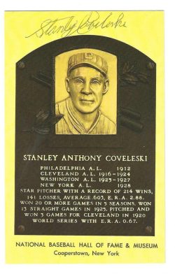Autographed Stanley Coveleski Hall of Fame Gold Plaque Postcard