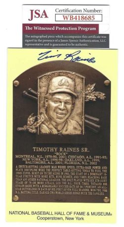 Autographed TIM RAINES Hall of Fame Gold Plaque Postcard JSA Witness