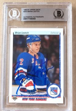 Autographed 1990-91 Upper Deck Brian Leetch New York Rangers Hockey Card #253 Beckett Slabbed