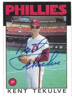 Autographed KENT TEKULVE Philadelphia Phillies 1986 Topps Card