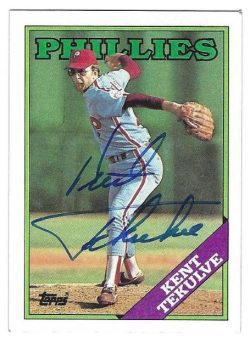 Autographed KENT TEKULVE Philadelphia Phillies 1988 Topps Card