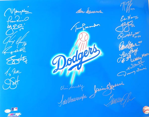 DODGERS LOGO 16x20 Photo 23 Signatures including Vin Scully, Tom LaSorda, Fernando Valenzuela