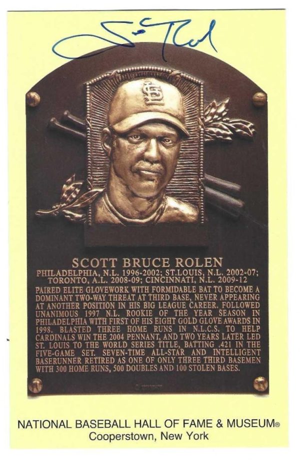 Autographed SCOTT ROLEN Hall of Fame Gold Plaque Postcard COA
