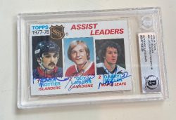 AUTOGRAPHED Bryan Trottier Guy Lafleur Darryl Sittler 1978-79 Topps Assist Leaders Card Beckett Slabbed