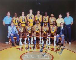 Autographed Los Angeles Lakers 16x20 photo w/ Abdul-Jabbar, Magic, Wilkes, Cooper, Sharman. Nixon
