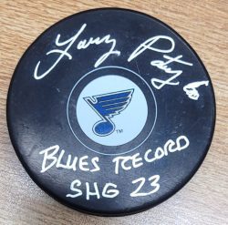 Autographed LARRY PATEY "Blues Record SHG 23" St. Louis Blues Hockey Puck