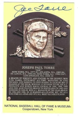 Autographed JOE TORRE Gold Hall of Fame Plaque Postcard Beckett Witnessed