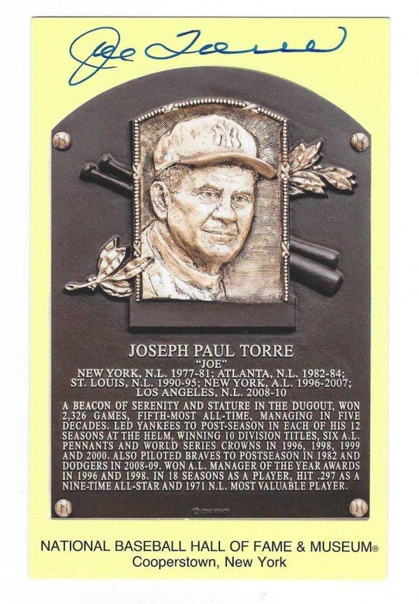 Autographed JOE TORRE Gold Hall of Fame Plaque Postcard Beckett Witnessed