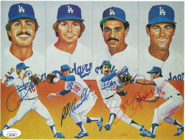 AUTOGRAPHED RON CEY STEVE GARVEY DAVEY LOPES BILL RUSSELL 8.5 x11 Los Angeles Dodgers photo JSA