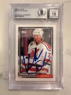 Signed Viacheslav Fetisov New Jersey Devils 1992-93 Topps card #458 Beckett Slabbed