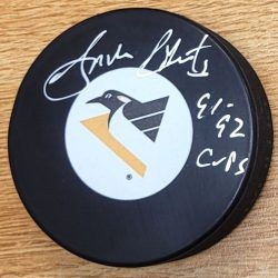 Autographed GORDIE ROBERTS "91, 92 Cups" Pittsburgh Penguins Hockey Puck