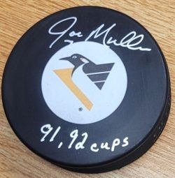 Autographed JOE MULLEN "91,92 Cups" Pittsburgh Penguins Hockey Puck JSA
