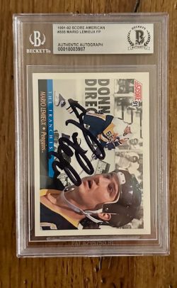 Signed Mario Lemieux Penguins 1991-92 Score Card #335 BAS Beckett Slabbed