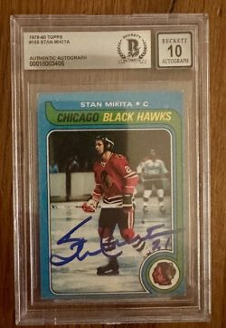 Autographed Stan Mikita Blackhawks 1979-80 Topps  Card #155 BAS Beckett Slabbed 10
