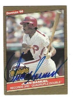 Autographed JUAN SAMUEL Philadelphia Phillies 1986 Donruss Highlights Card