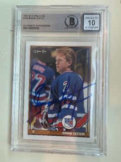 Signed Brian Leetch New York Rangers 1991-92 O-Pee-Chee card #108 Beckett Slabbed 10