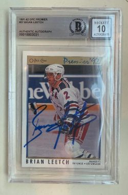Signed Brian Leetch New York Rangers 1991-92 OPC Premier card #57 Beckett Slabbed 10