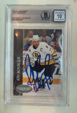 Signed Ray Bourque Boston Bruins 1992-93 Parkhurst card #1 Beckett Slabbed BAS 10