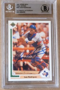 Autographed IVAN RODRIGUEZ TEXAS RANGERS 1991 Upper Deck Rookie Card BSA Beckett Slabbed