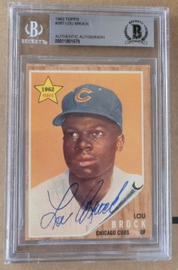 Autographed LOU BROCK Chicago Cubs 1962 Topps Card #387 BAS Beckett Slabbed