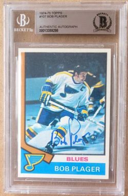 Autographed Bob Plager St. Louis Blues 1974-75 Topps Card #107 Beckett Slabbed