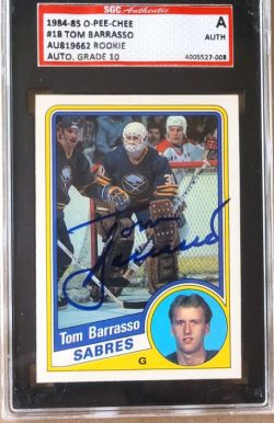 Autographed 1984-85 O-Pee-Chee Tom Barrasso Sabres Rookie  Card #18 SGC Slabbed 10