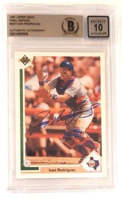 Autographed IVAN RODRIGUEZ TEXAS RANGERS 1991 Upper Deck Rookie Card BSA Beckett Slabbed