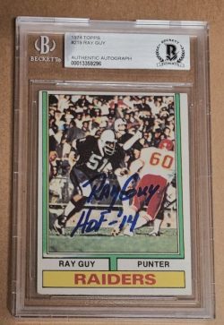 Autographed RAY GUY Oakland Raiders 1974 Topps Rookie Card #219 BAS Beckett Slabbed