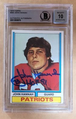 Autographed 1974 Topps John Hannah New England Patriots Rookie Card #383 BAS Beckett Slabbed 10