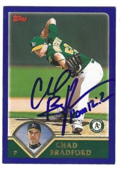 Autographed CHAD BRADFORD Oakland A's 2003 Topps Card