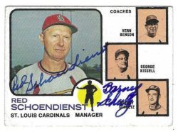 Autographed RED SCHOENDIENST and BARNEY SCHULTZ St. Louis Cardinals 1973 Topps Card
