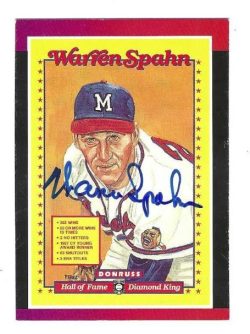 Autographed  WARREN SPAHN Milwaukee Braves 1989 Donruss Diamond Kings card #588
