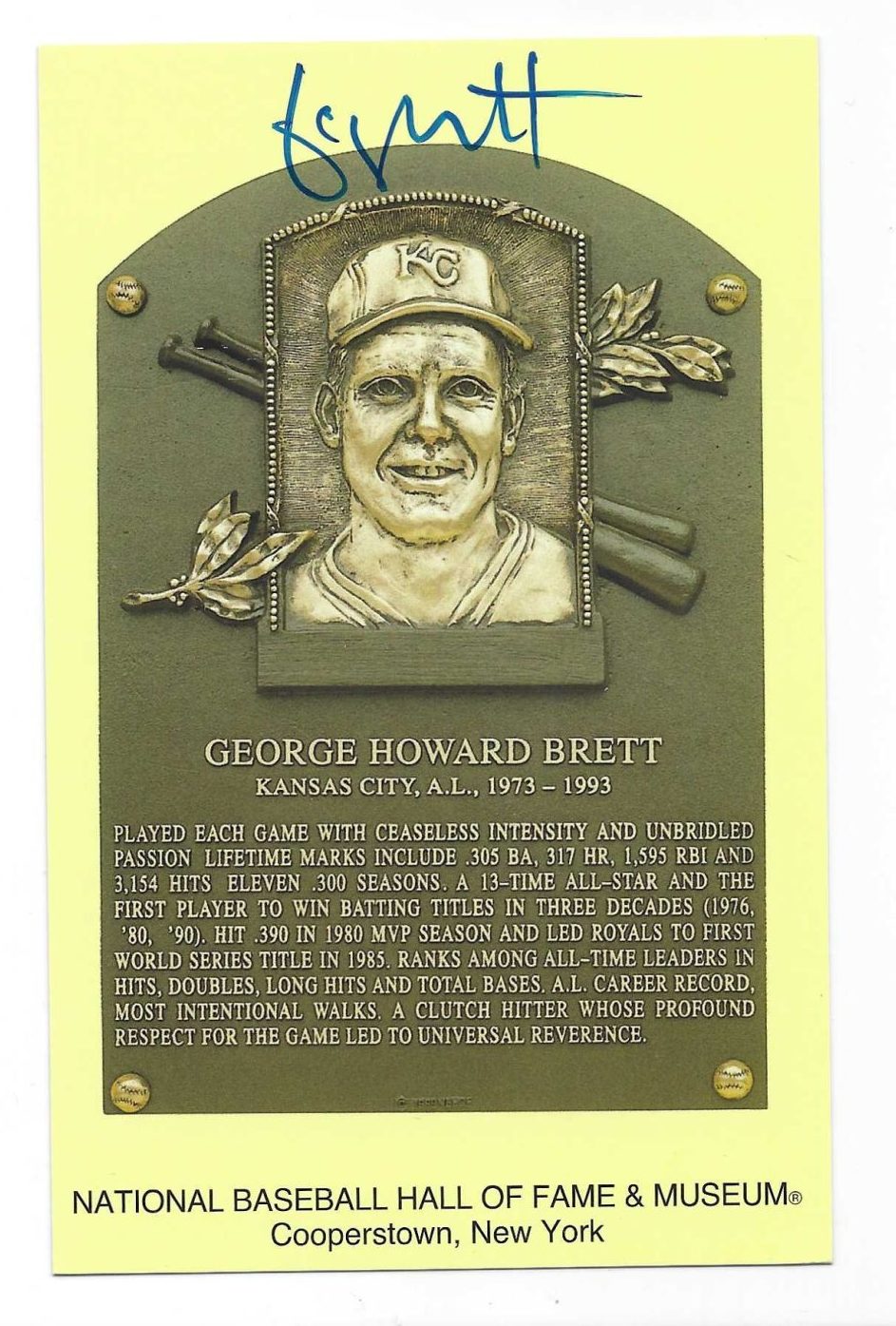 Autographed GEORGE BRETT Hall of Fame HOF Gold Plaque Post card Beckett