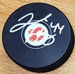 Autographed JOEL HANLEY Calgary Flames Hockey Puck