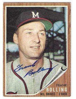 Autographed FRANK BOLLING Milwaukee Braves 1962 Topps Card