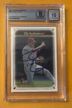 Signed Chase Utley Philadelphia Phillies 2007 Upper Deck Masterpieces Card #88 Beckett BAS 10