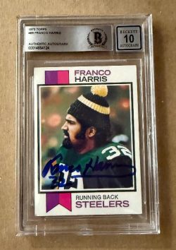 Autographed 1973 Topps FRANCO HARRIS Pittsburgh Steelers Rookie card #89 Beckett Slabbed - 10