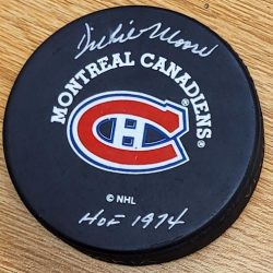 AUTOGRAPHED DICKIE MOORE "HOF 1974" Montreal Canadiens Hockey Puck