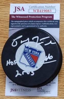 Autographed PAT LAFONTAINE "HOF 2003" New York Rangers Hockey Puck JSA Witness