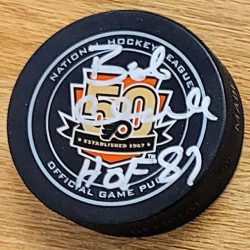 Autographed BOBBY CLARKE "HOF 87" Philadelphia Flyers 50th Anniversary Game Hockey Puck