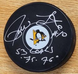 Autographed PIERRE LAROUCHE "53 Goals 75-76" Pittsburgh Penguins Hockey Puck