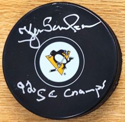 Autographed KJELL SAMUELSSON "92 SC Champs" Pittsburgh Penguins Hockey Puck