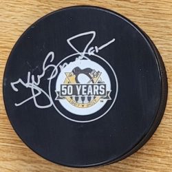 Autographed KJELL SAMUELSSON Pittsburgh Penguins 50th Anniversary Hockey Puck