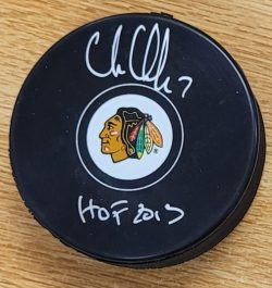 Autographed CHRIS CHELIOS "HOF 2013" Chicago Blackhawks Hockey Puck JSA
