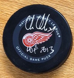 Autographed CHRIS CHELIOS "HOF 2013" Detroit Red Wings Game Hockey Puck JSA
